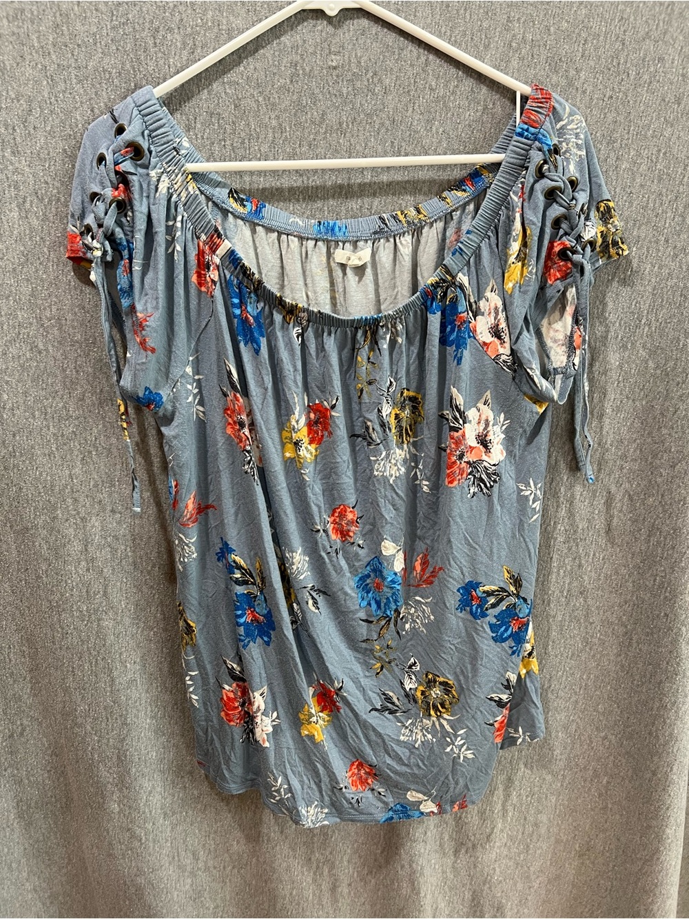 Maurices Slate Blue Floral Off-Shoulder Tie Sleeve Top Large